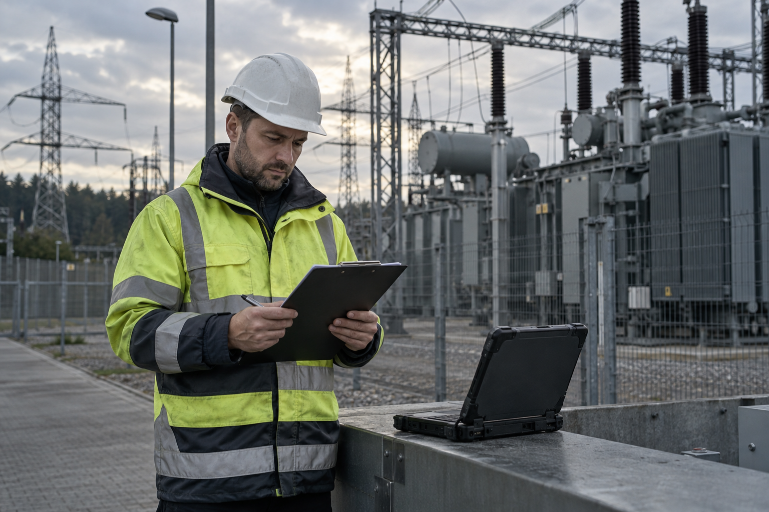 An energy technician reviewing a paper work plan outside an electrical substation